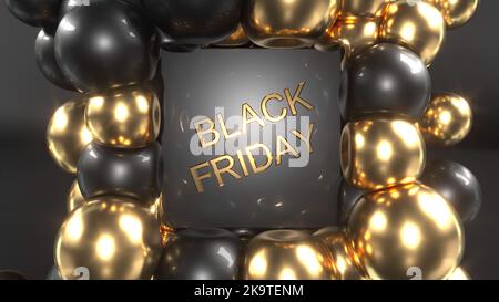 dark background with gold and black spheres with grooves. 3d render ...