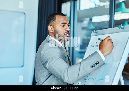 Getting all his big ideas down on the board. a young businessman writing on a whiteboard in an office. Stock Photo