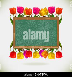 Chalkboard with colorful bright tulip flowers on light background. Stock Vector