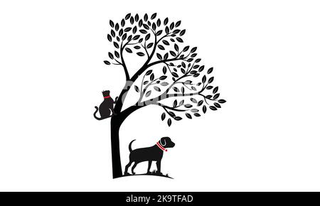Dog With Cat And Tree logo design template. Vector Illustration. Stock Vector