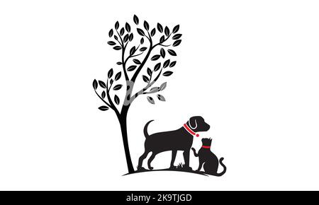 Dog With Cat And Tree logo design template. Vector Illustration. Stock Vector