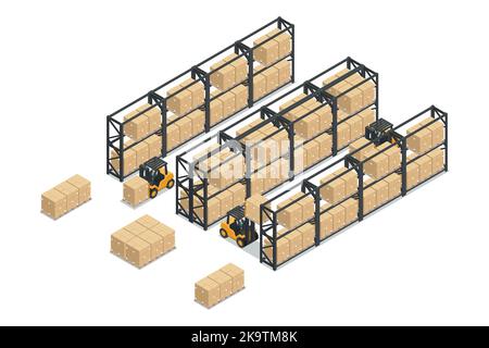 Isometric warehouse with rack or metal Storage Shelves, boxes on pallet transported by forklift. Safety in handling a fork lift truck. Industrial logi Stock Vector