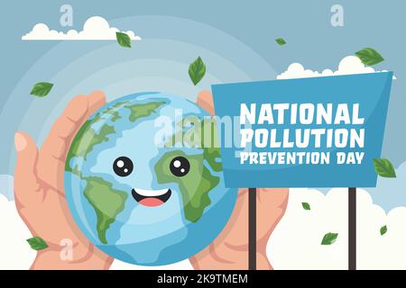 cartoon background of planet earth held by open hands with national pollution prevention day text poster to raise awareness about caring for the envi 2k9tmem