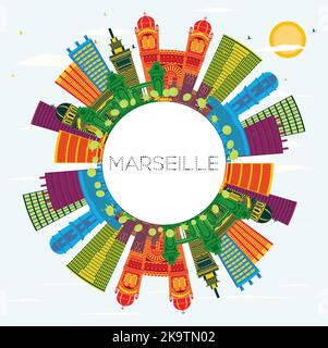 Marseille France City Skyline with Color Buildings, Blue Sky and Copy Space. Vector Illustration. Stock Vector