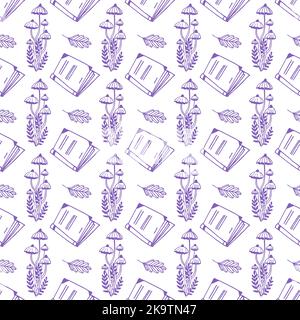 Magic concept vector seamless pattern. Seamless pattern of toadstools, book and herbs. Stock Vector