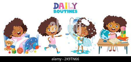 Little Kid Making Daily Routine Activities Stock Vector