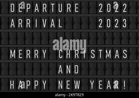 Airport Announcement Flip Mechanical Timetable with Hapy Merry Christmas and Happy New 2023 Year Sign extreme closeup. 3d Rendering Stock Photo