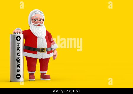 Cartoon Cheerful Santa Claus Granpa with Rechargeable Battery on a yellow background. 3d Rendering Stock Photo