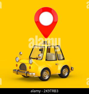 Yellow Cartoon Taxi Car with Red Map Pointer Pin on a yellow background. 3d Rendering Stock Photo