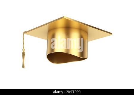 Golden Graduation Academic Cap on a white background. 3d Rendering Stock Photo