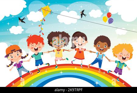 Multi Ethnic Kids Playing On Rainbow Stock Vector Image & Art - Alamy