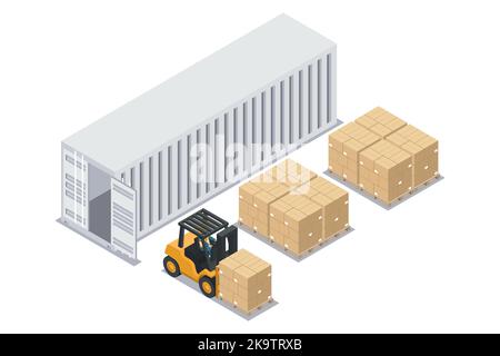 Isometric forklift unloading stacked boxes on pallet from container  at unloading dock. Safety in handling a fork lift truck. Industrial logistics of Stock Vector