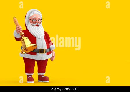 Cartoon Cheerful Santa Claus Granpa with Vintage Golden School Bell on a yellow background. 3d Rendering Stock Photo