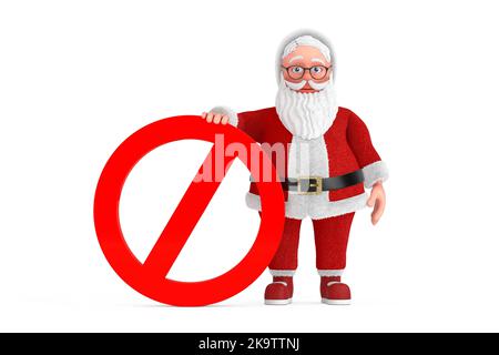 Cartoon Cheerful Santa Claus Granpa with Red Prohibition or Forbidden Sign on a white background. 3d Rendering Stock Photo