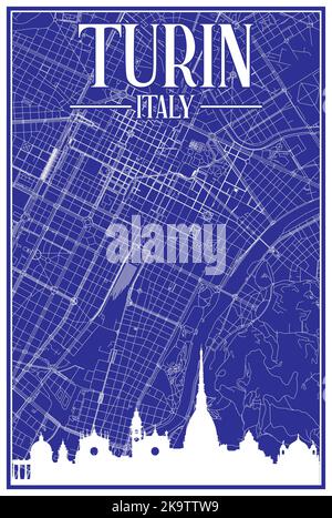 Hand-drawn downtown streets network printout map of TURIN, ITALY Stock Vector