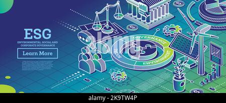 ESG Concept of Environmental, Social and Governance. Vector Illustration. Sustainable Development. Isometric Outline Concept. Green Color. Alternative Stock Vector