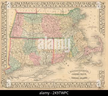 County map of Massachusetts, Connecticut, and Rhode Island. MITCHELL 1869 Stock Photo