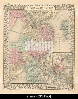 City 'Plan of Boston', harbor & country around by S. Augustus Mitchell 1869 map Stock Photo