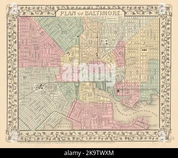 City 'Plan of Baltimore' by Samuel Augustus Mitchell 1869 old antique map Stock Photo