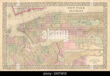 New York & Brooklyn town/city plan. Samuel Augustus Mitchell. Manhattan 1869 map Stock Photo