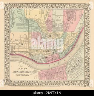 City 'Plan of the City of Cincinnati…' by Samuel Augustus Mitchell 1869 map Stock Photo