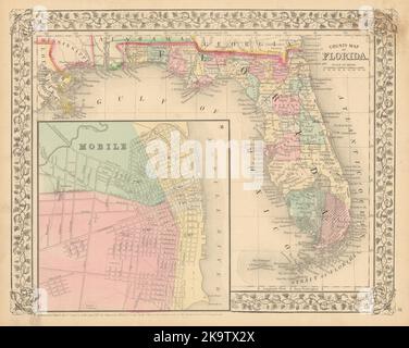 County map of Florida with Mobile city plan by Samuel Augustus Mitchell 1869 Stock Photo