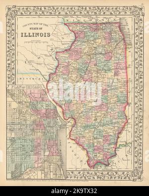 County map of the State of Illinois with Chicago city plan. MITCHELL 1869 Stock Photo