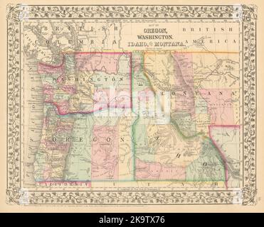 Map of Oregon, Washington, Idaho, and Part of Montana. MITCHELL 1869 old Stock Photo