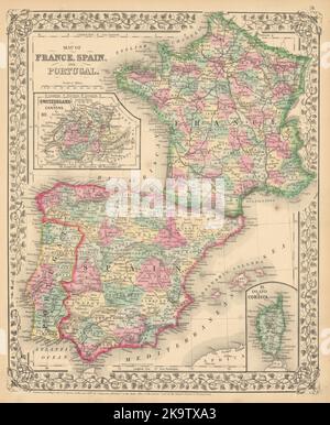Map of France, Spain, and Portugal. Switzerland in Cantons. MITCHELL 1869 Stock Photo