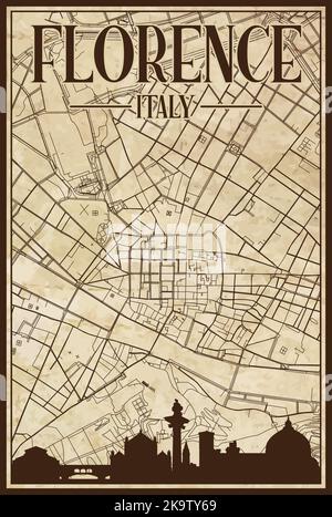 Hand-drawn downtown streets network printout map of FLORENCE, ITALY Stock Vector
