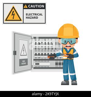 Caution, electrical hazard. Industrial electrician worker manipulating electrical box or high voltage electrical switch panel. Security First. Industr Stock Vector