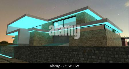 Illumination of the exterior of a country house with turquoise lighting. The LED strip accentuates the minimalist, straight architectural lines of the Stock Photo