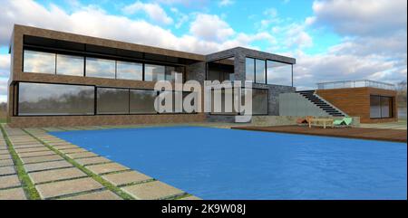 Blue water swimming pool in front of an advanced private country house. Massive concrete pavers and decking boards. Relaxation area with sun loungers. Stock Photo