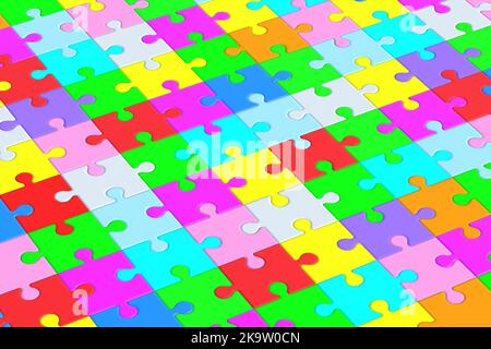 Background of connected colorful puzzle jiggle pieces. 3d render Stock Photo