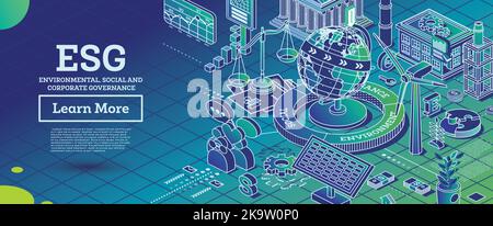 ESG Concept of Environmental, Social and Governance. Globe Model of the Earth. Vector Illustration. Sustainable Development. Isometric Outline Concept Stock Vector