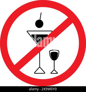 Prohibition sign on Black and white image of glasses for alcoholic drinks. Sticker. Icon. Isolate. Signpost for services and businesses, cafe, bar and restaurant. Good for poster, label. Vector. EPS Stock Vector