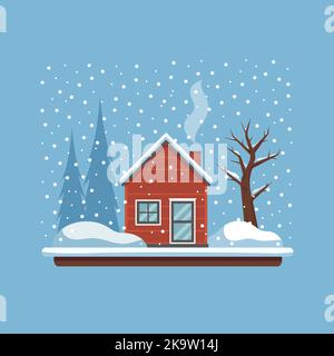 Winter landscape. Red house, tree, drifts and fir-trees in the distance. Winter season in the village. Snowfall. Vector illustration in flat cartoon Stock Vector