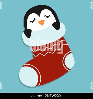 Cute cartoon penguin sleeping in Christmas stockings. Vector Christmas socks. Stock Vector