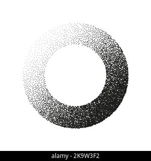 Round shaped dotted object, stipple elements. Fading gradient. Stippling, dotwork drawing, shading using dots. Pixel disintegration, halftone effect Stock Vector