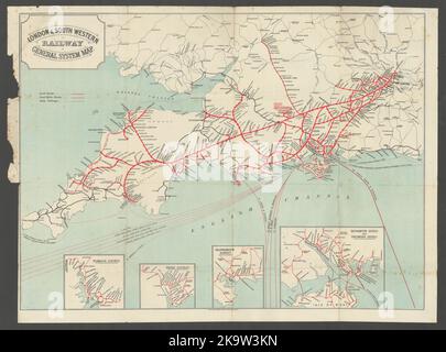 London & South Western Railway General System Map c1910 old antique chart Stock Photo