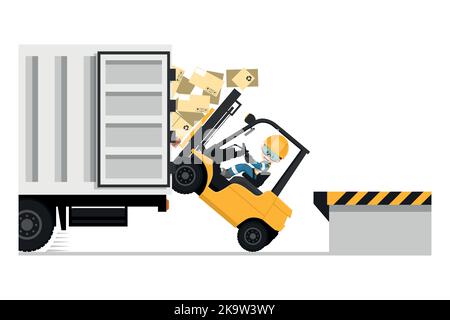 Safety in handling a fork lift truck. forklift overturning Maintain contact with the driver of the truck so as not to move it. Security First. Work ac Stock Vector