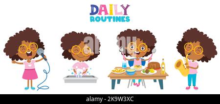 Little Kid Making Daily Routine Activities Stock Vector