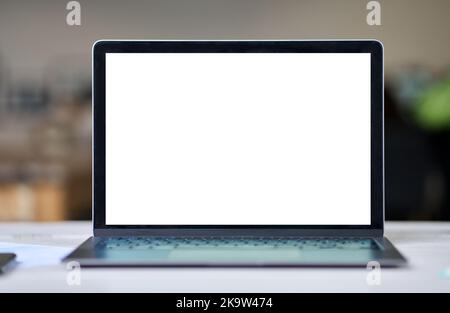 Laptop pc big white blank screen digital mockup empty template display on desk. Stock Photo