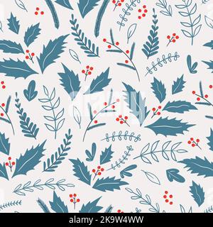 Seamless Christmas patterns with fir branches. berries and holly for greeting cards, wrapping papers. Vector illustration.Happy New Year. Stock Vector