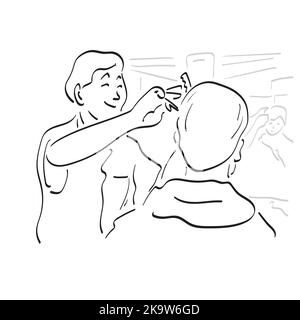 Male hairdresser making a haircut with scissors for a young man in barber shop illustration vector hand drawn isolated on white background line art. Stock Vector