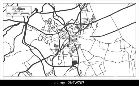 Bijeljina Bosnia and Herzegovina City Map in Black and White Color in Retro Style Isolated on White. Outline Map. Vector Illustration. Stock Vector