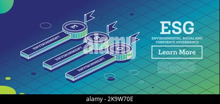 ESG Concept of Environmental, Social and Governance. Infographic Element with Three Elements. Vector Illustration. Sustainable Development. Isometric Stock Vector