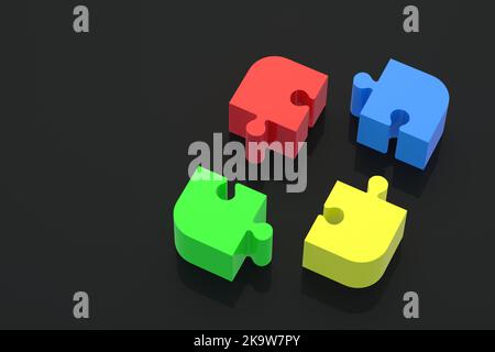 Unfinished colorful puzzle jiggle pieces on black background. Educational games. Hobby and leisure. Business solutions. Teamwork concept. Joint proble Stock Photo