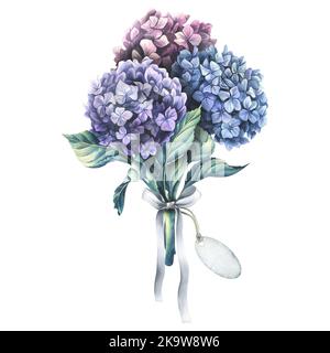 Hydrangea flowers are blue, lilac and pink in the form of a bouquet with a satin ribbon and a paper tag for the inscription. Watercolor illustration Stock Photo