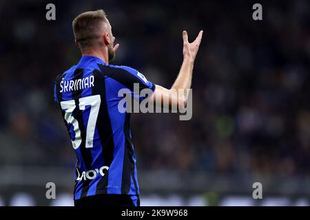 Milan Skriniar of Fc Internazionale gestures during the Serie A football match beetween Fc Internazionale and Uc Sampdoria at Stadio Giuseppe Meazza on October 29, 2022 in Milan Italy . Credit: Marco Canoniero/Alamy Live News Stock Photo
